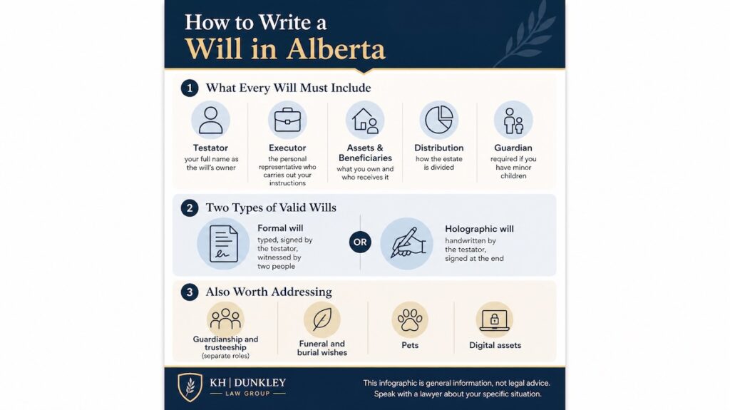 Infographic "How to Write a Will in Alberta" with three sections: will requirements, formal vs holographic wills, and extras, by KH Dunkley Law Group.